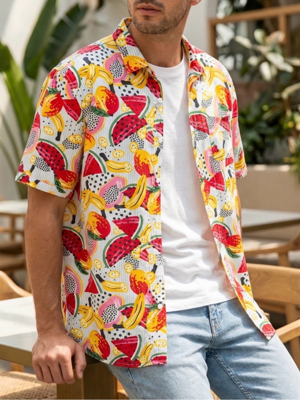 🍒3/$25🍒Men's Tropical Fruit Print Short-Sleeve Shirt - White/Multicolor